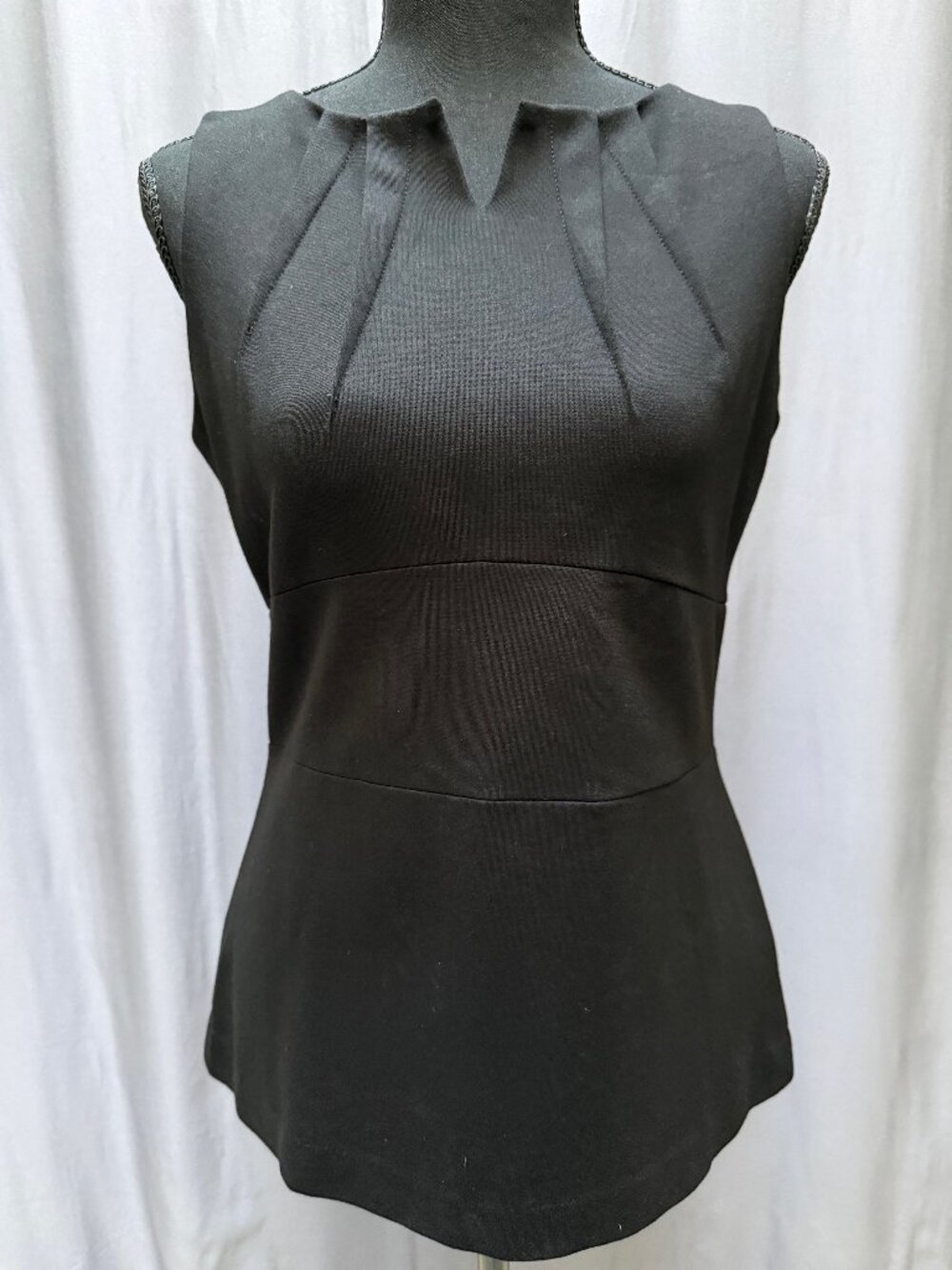 CAbi Black Ponte Pleated Split Neck Sleeveless Top Size 4